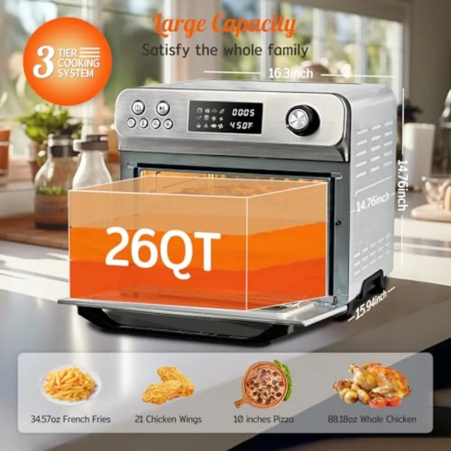 26Quart Air Fryer Toaster Oven Combo 10-in-1 Extra Large Countertop Convection Oven with LED Display Knob Control 1800W Stainle
