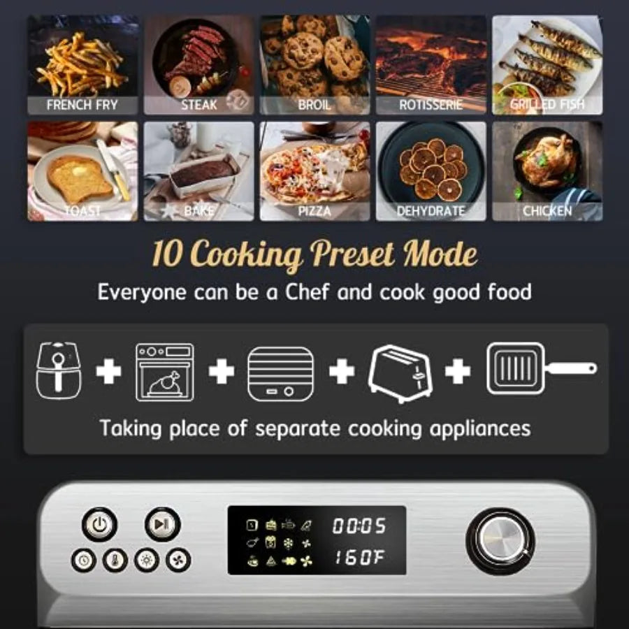 26Quart Air Fryer Toaster Oven Combo 10-in-1 Extra Large Countertop Convection Oven with LED Display Knob Control 1800W Stainle