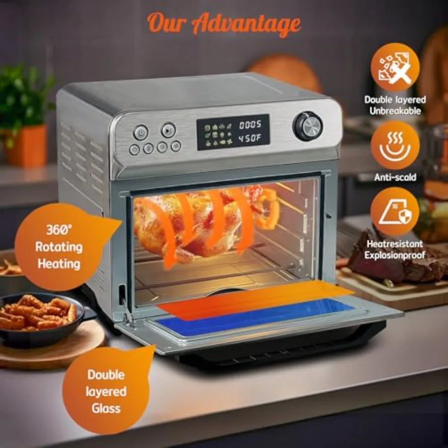 26Quart Air Fryer Toaster Oven Combo 10-in-1 Extra Large Countertop Convection Oven with LED Display Knob Control 1800W Stainle